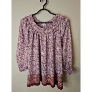Max Studio Blouse Medium Red Burgundy Pink Floral Boho Cottage Smocked Ruffle